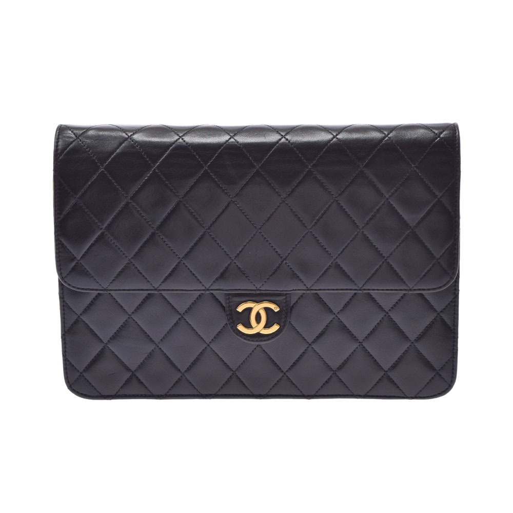 CHANEL Matelasse Chain Shoulder Bag Push Lock Black Lambskin